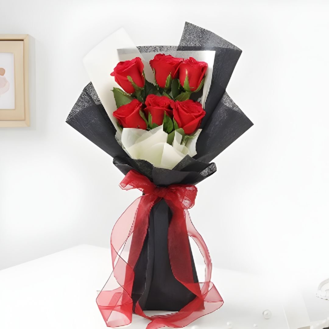 elegant six red roses bouquet (premium black wrap)